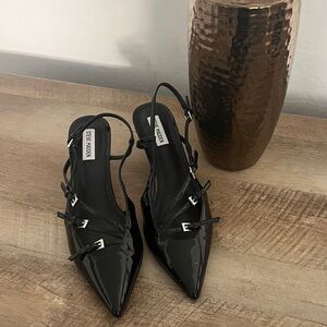 Steve Madden Black Patent Pointed Toe Slingback Pumps with Buckle Straps